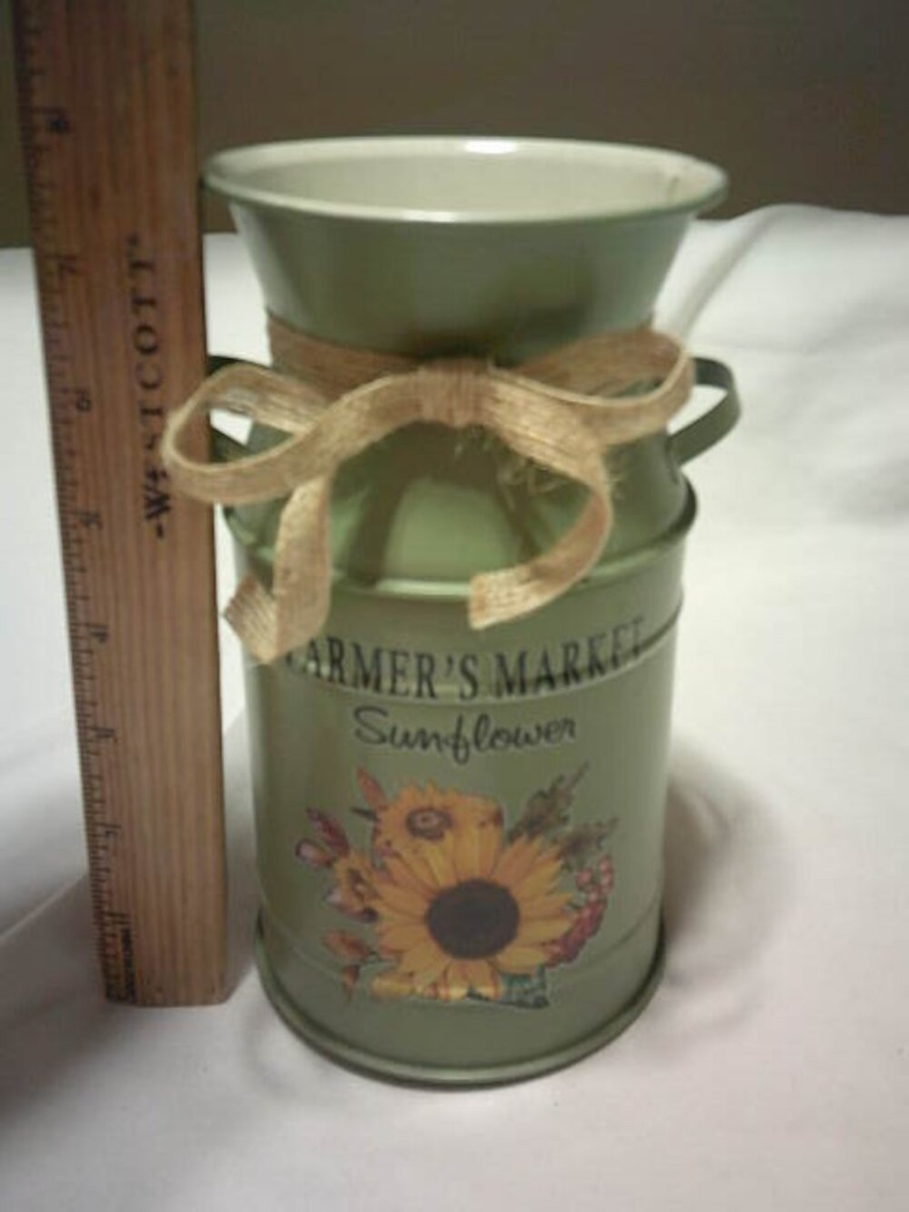 CUTE GREEN METAL MILK CAN FARMERS MARKET SUNFLOWER VASE w/ RUSTIC TWINE BOW 7.5"